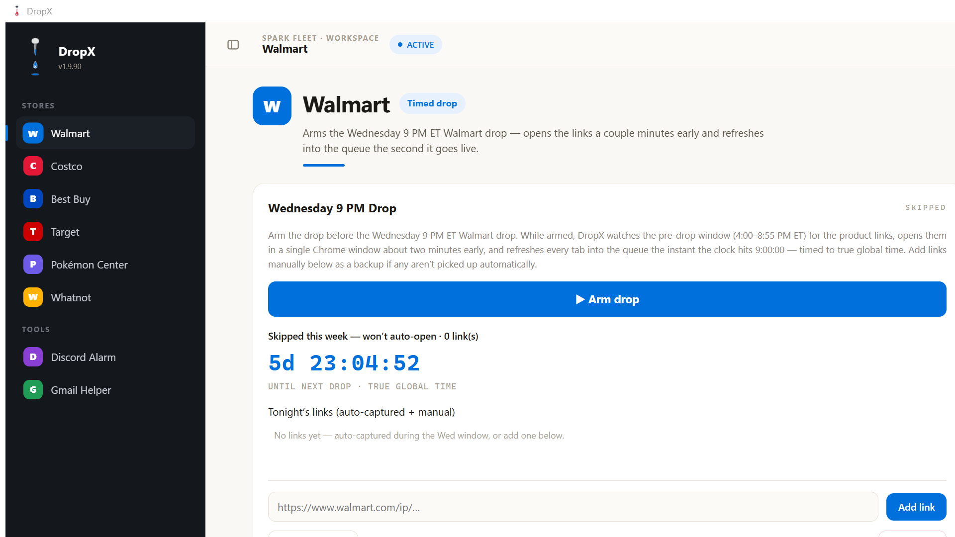 The real DropX desktop app — store sidebar, timed-drop workspace, profiles and tools in one window